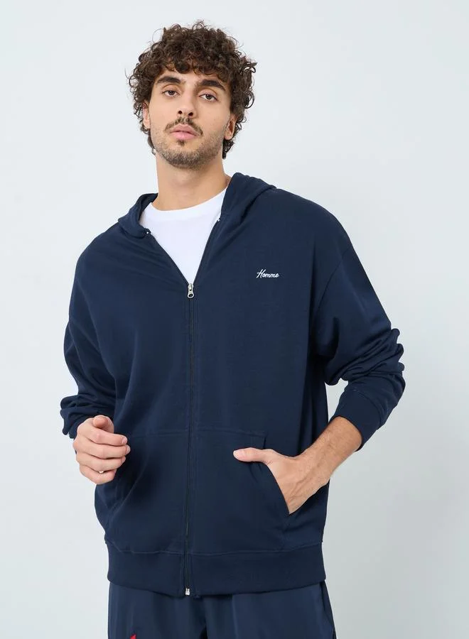 Styli Navy Blue Embroidered Zip-Up Hoodie
