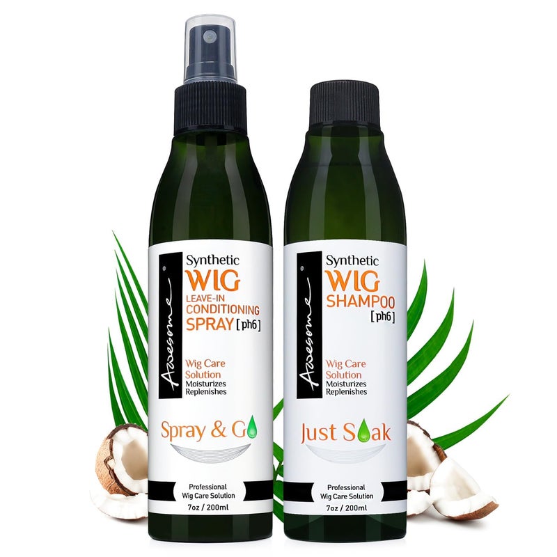 Awesome Synthetic Wig Shampoo and Leave in Conditioner Spray: pH6, Premium Set of 2, Revitalizes Synthetic Wigs, Contains Coconut Oil (7 fl oz) - Image 1