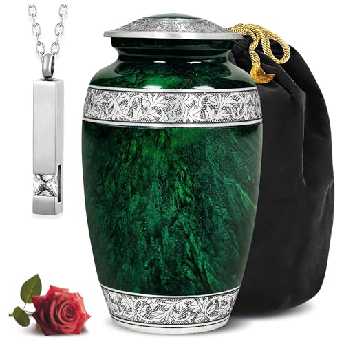 LIFAG Hand-Engraved Green Urn for Ashes for Women & Men with Ash Pendant & Velvet Bag | Green Marble Finish Metal Cremation Urns for Human Ashes Adult Man | Elegant Burial & Funeral Urn, Large, 220lbs - Image 1