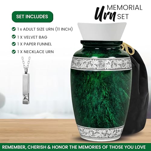 LIFAG Hand-Engraved Green Urn for Ashes for Women & Men with Ash Pendant & Velvet Bag | Green Marble Finish Metal Cremation Urns for Human Ashes Adult Man | Elegant Burial & Funeral Urn, Large, 220lbs - Image 5