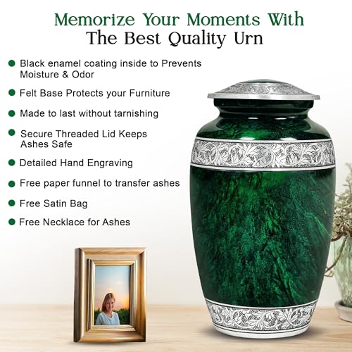 LIFAG Hand-Engraved Green Urn for Ashes for Women & Men with Ash Pendant & Velvet Bag | Green Marble Finish Metal Cremation Urns for Human Ashes Adult Man | Elegant Burial & Funeral Urn, Large, 220lbs - Image 4