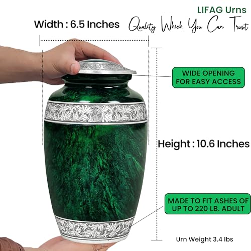 LIFAG Hand-Engraved Green Urn for Ashes for Women & Men with Ash Pendant & Velvet Bag | Green Marble Finish Metal Cremation Urns for Human Ashes Adult Man | Elegant Burial & Funeral Urn, Large, 220lbs - Image 3