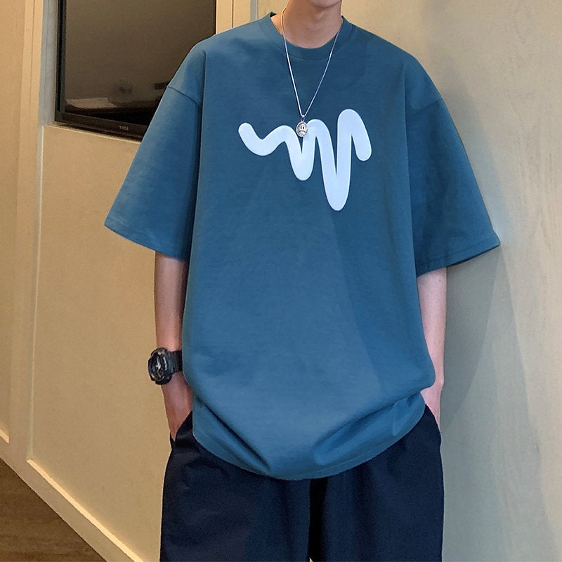 تي شيرت قصير الأكمام بطباعة خط أبيض فاخر للرجال صيفي بحجم زائد 150 كجم عصري فضفاض قطن للزوجين - Image 3