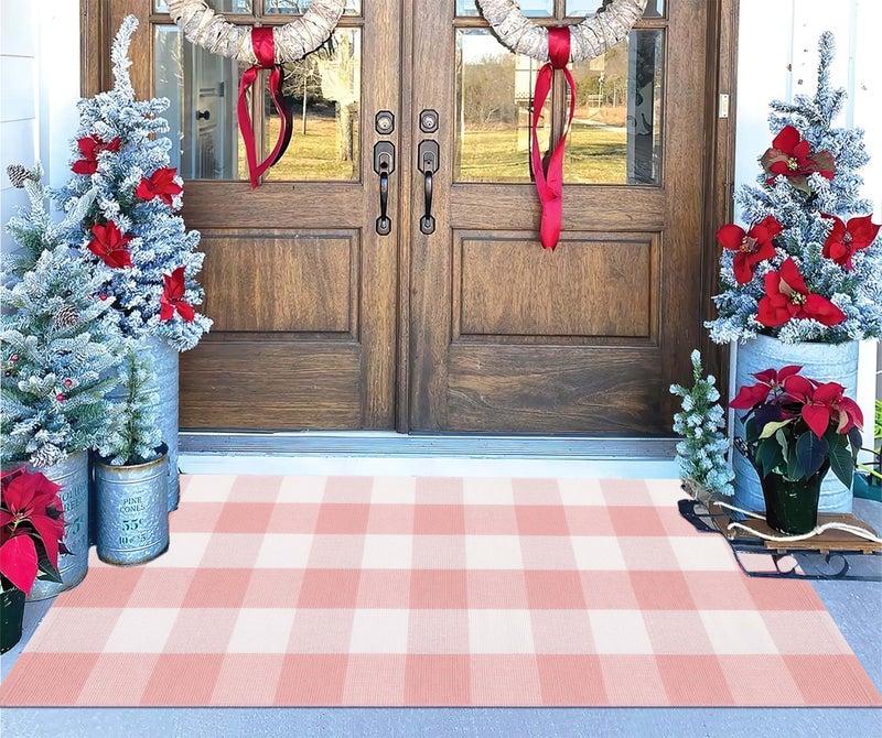 BUAGETUP Pink and White Buffalo Outdoor Rug 24''x51''Checkered Plaid Front Porch Rug Cotton Woven Machine Washable Door Mat Outdoor for Layered Doormat Hello Welcome Door Mat Kitchen Farmhouse Entryway - Image 5