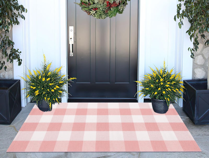 BUAGETUP Pink and White Buffalo Outdoor Rug 24''x51''Checkered Plaid Front Porch Rug Cotton Woven Machine Washable Door Mat Outdoor for Layered Doormat Hello Welcome Door Mat Kitchen Farmhouse Entryway - Image 1