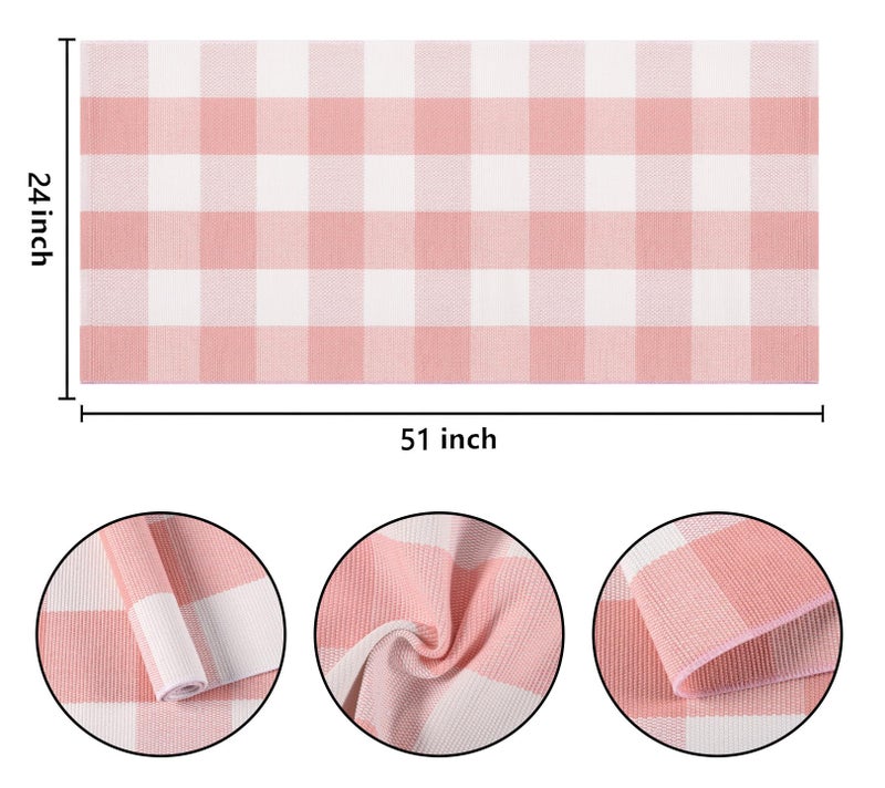 BUAGETUP Pink and White Buffalo Outdoor Rug 24''x51''Checkered Plaid Front Porch Rug Cotton Woven Machine Washable Door Mat Outdoor for Layered Doormat Hello Welcome Door Mat Kitchen Farmhouse Entryway - Image 2