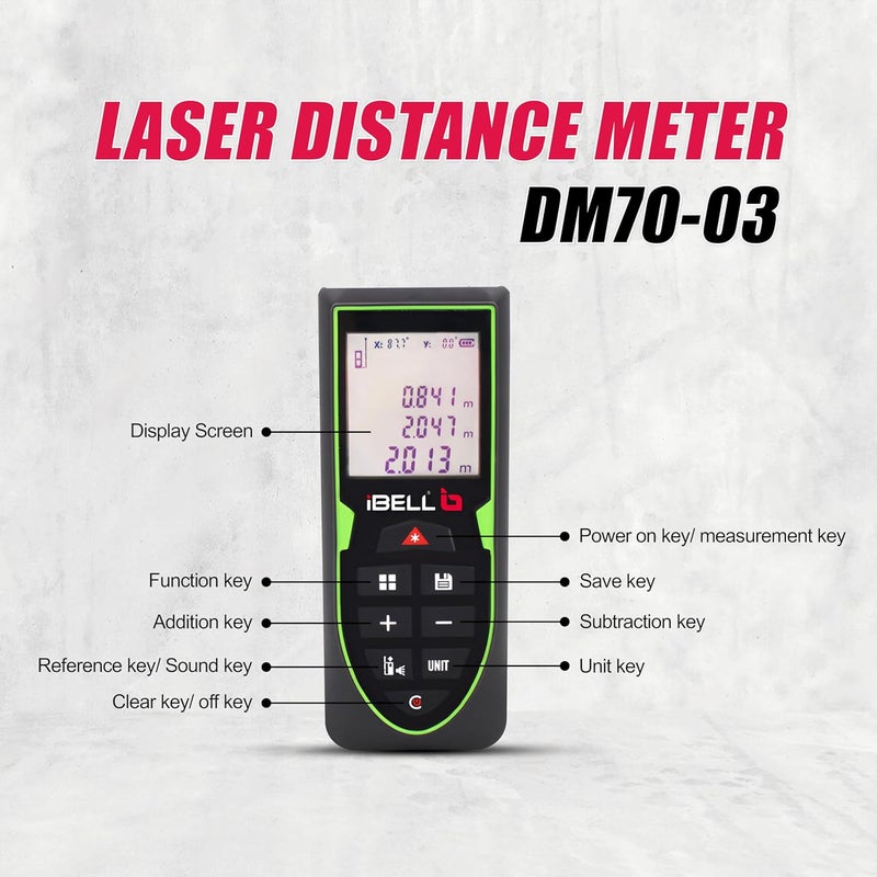 iBELL DM7003 Outdoor Laser Distance Meter 70M230ft Pythagorean Mode AreaVolume MeasurementBacklit LCD Mute Mode - Image 2