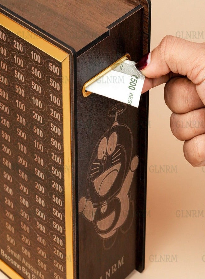 GLNRM Wooden Money Saving Bank - 1,00,000 Savings Challenge Money Box | Cash Vault Coin & Cashbox | Carved Design Wooden Coin Bank for Kids & Adults | Stylish Kiddy Money Bank (Doraemon) - Image 4