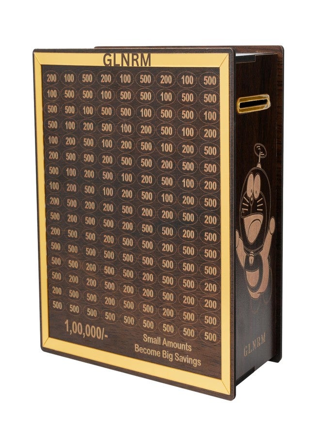 GLNRM Wooden Money Saving Bank - 1,00,000 Savings Challenge Money Box | Cash Vault Coin & Cashbox | Carved Design Wooden Coin Bank for Kids & Adults | Stylish Kiddy Money Bank (Doraemon) - Image 1