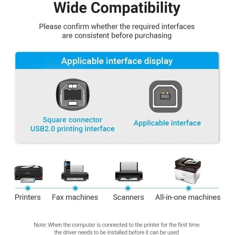 USB 2.0 A Male to B Male Printer Cable for Office Use, Nickel-Plated Connectors, Black, 480Mbps Speed with Double Shielding - Image 3