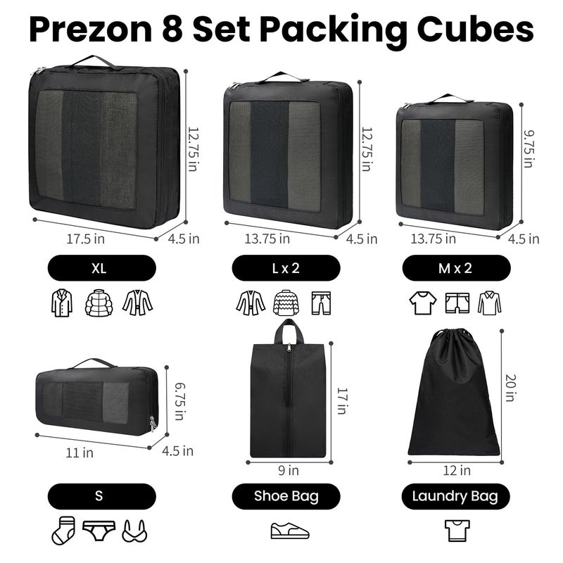 Prezon Compression Packing Cubes for Travel, Lightweight Vacation Travel Essentials, Travel Accessories for Suitcase Organizer Bags Set, Durable Luggage Organizer, 8 set, squre mesh, black - Image 3