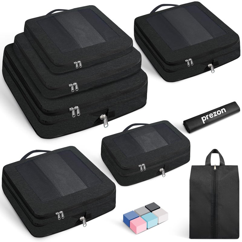 Prezon Compression Packing Cubes for Travel, Lightweight Vacation Travel Essentials, Travel Accessories for Suitcase Organizer Bags Set, Durable Luggage Organizer, 8 set, squre mesh, black - Image 1