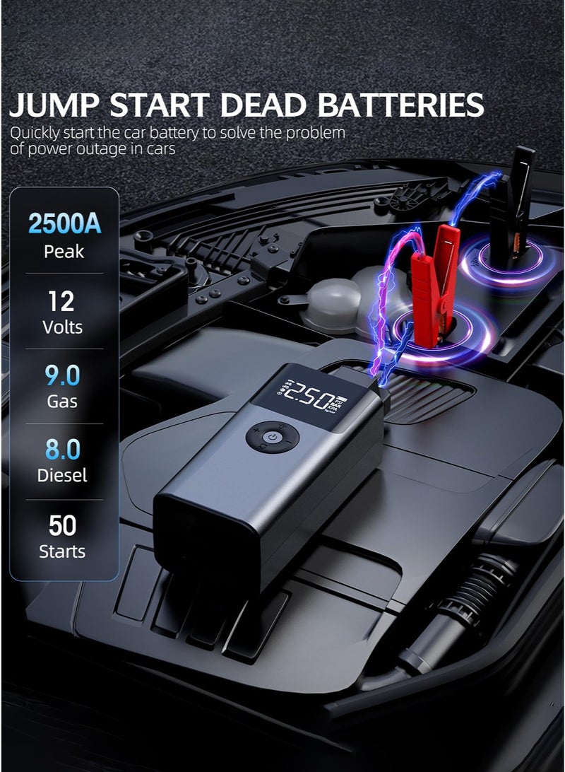 Digisand Jump Starter with Air Compressor, 2500A 150PSI Portable Car Battery Jump Starter Pack, 12V Jump Box with USB Fast Charge, for up to 9.0 Gas/8.0L Diesel Engine, 3 Modes Lights/Large LCD Display for Cars, Pickup Trucks, Bicycles and Get a Free Car Interior Light for Gift. - Image 2