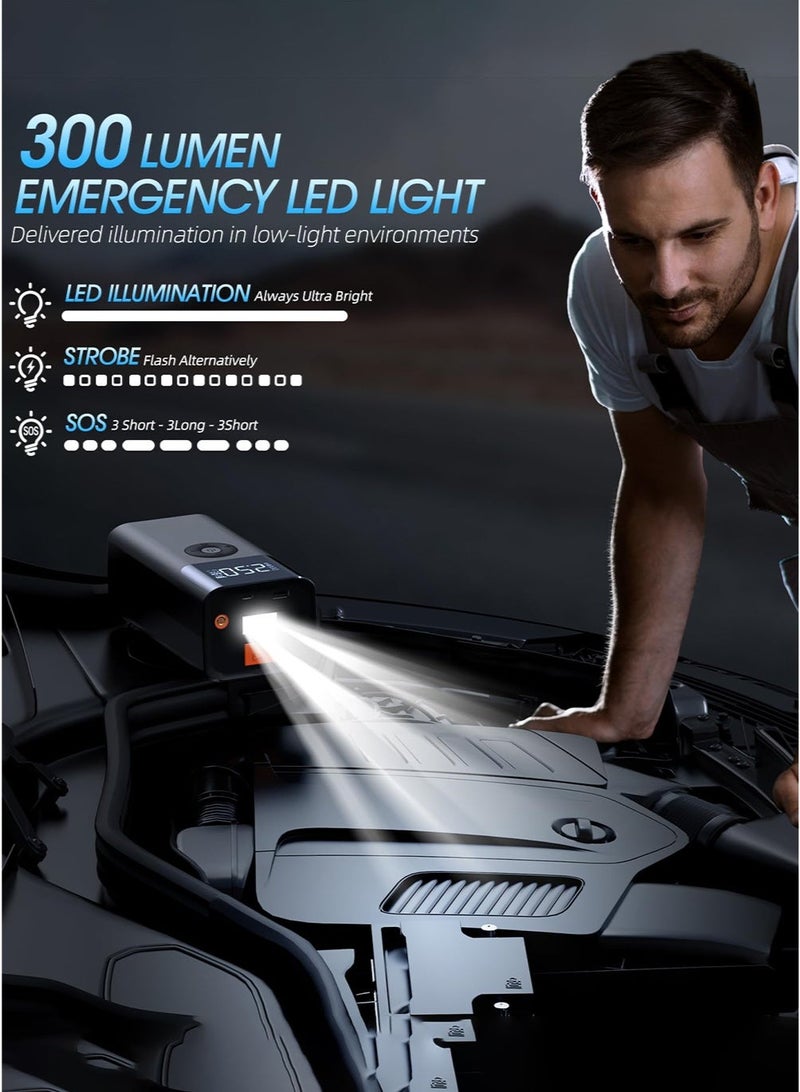 Digisand Jump Starter with Air Compressor, 2500A 150PSI Portable Car Battery Jump Starter Pack, 12V Jump Box with USB Fast Charge, for up to 9.0 Gas/8.0L Diesel Engine, 3 Modes Lights/Large LCD Display for Cars, Pickup Trucks, Bicycles and Get a Free Car Interior Light for Gift. - Image 5