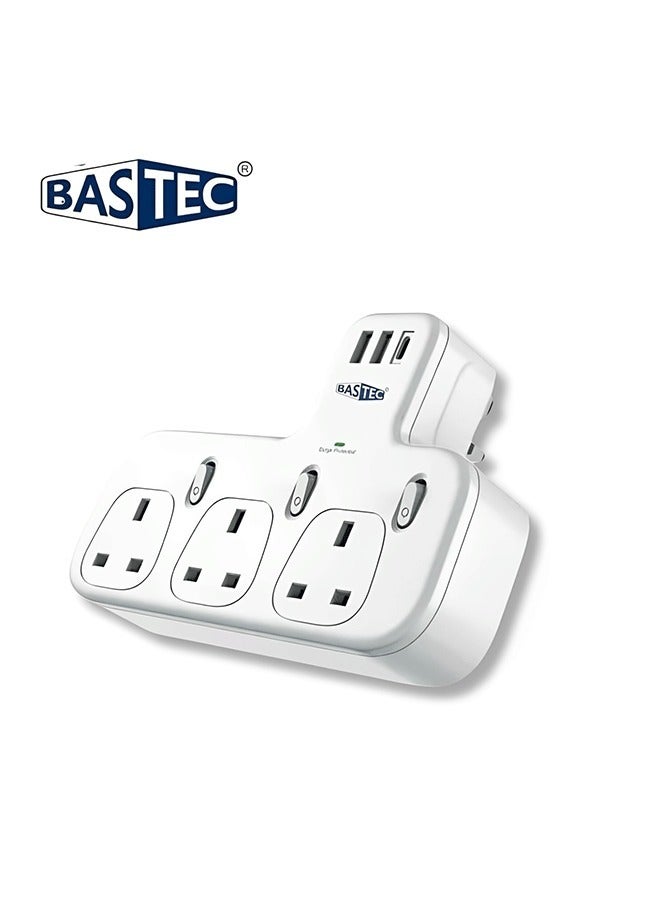 Bastec Wall power strip with 3 triple outlets, two USB ports, and a PD port that supports fast charging  - Image 1