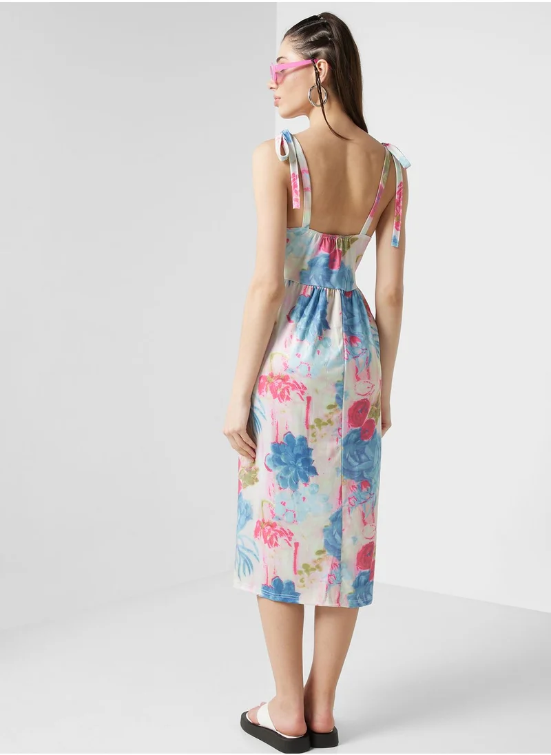 Ginger Strapppy Printed Dress with Frill Hem