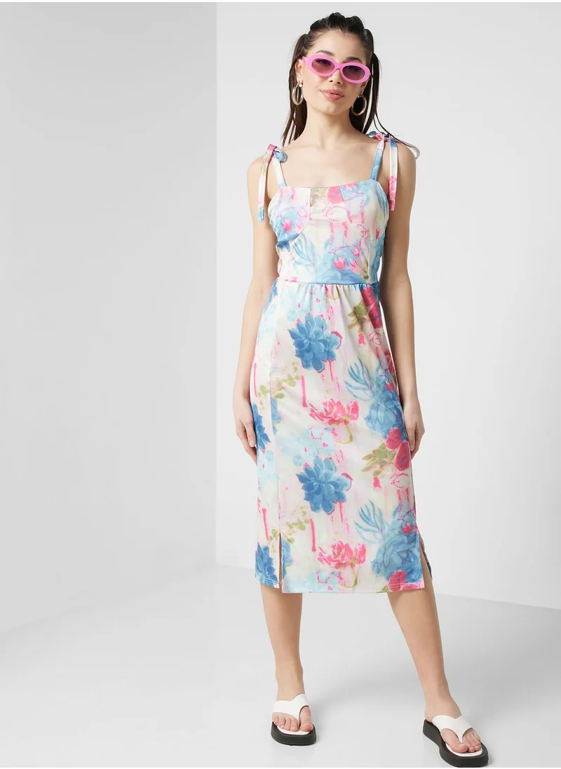 Ginger Strapppy Printed Dress with Frill Hem