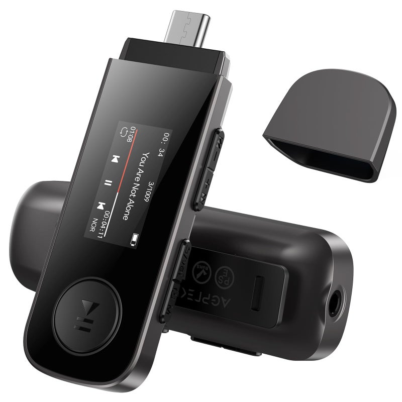 AGPtek مشغل MP3 USB سعة 64 جيجابايت مع بلوتوث، AGPTEK U5PL 2 في 1 نوع-C و USB مشغل موسيقى مع مشبك، راديو FM، تسجيل، دعم اتصال الهاتف المحمول - Image 1