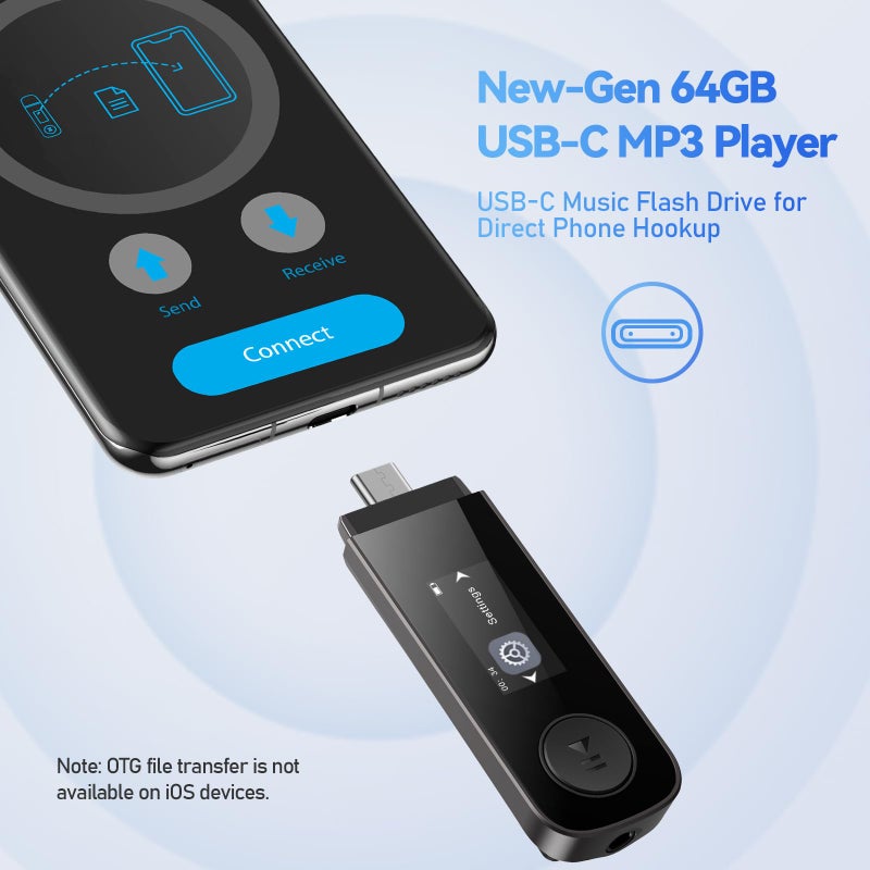 AGPtek مشغل MP3 USB سعة 64 جيجابايت مع بلوتوث، AGPTEK U5PL 2 في 1 نوع-C و USB مشغل موسيقى مع مشبك، راديو FM، تسجيل، دعم اتصال الهاتف المحمول - Image 2