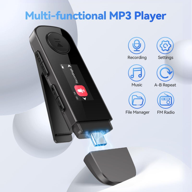AGPtek مشغل MP3 USB سعة 64 جيجابايت مع بلوتوث، AGPTEK U5PL 2 في 1 نوع-C و USB مشغل موسيقى مع مشبك، راديو FM، تسجيل، دعم اتصال الهاتف المحمول - Image 3