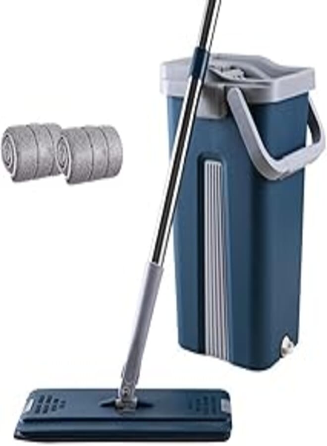 SKY-TOUCH Mop and Bucket : Flat Mop Bucket System with Wringer Set Squeeze Mop Bucket Set with Long Handle for Home Office Floor Wall Windows (2 Pads Grey&Blue)