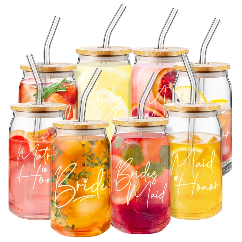 Inbagi 8 Pcs Bridesmaid Gifts Iced Coffee Cup with Bamboo Lids and Glass Straw 16 oz Mason Jar Cups Bride Can Shaped Drinking Glasses Cute Tumbler Bridal Shower Bachelorette Party Supplies