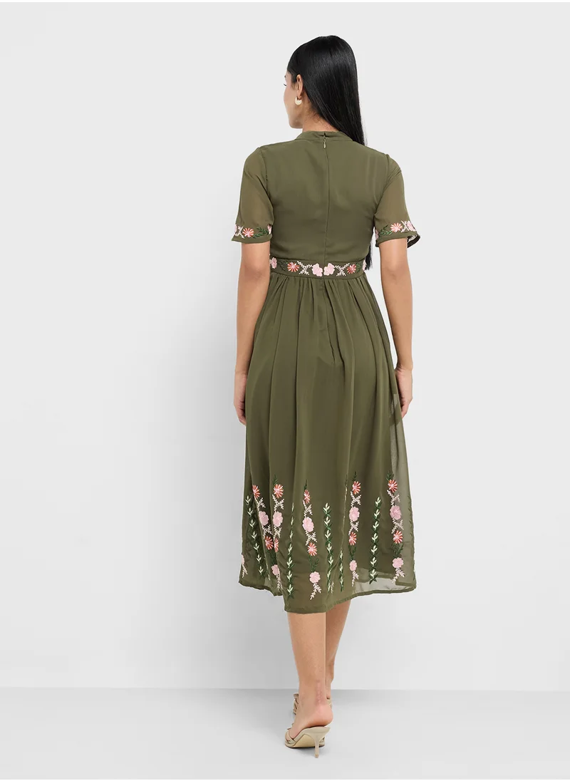 Frock and Frill Embellished Short Sleeve Midi Dress