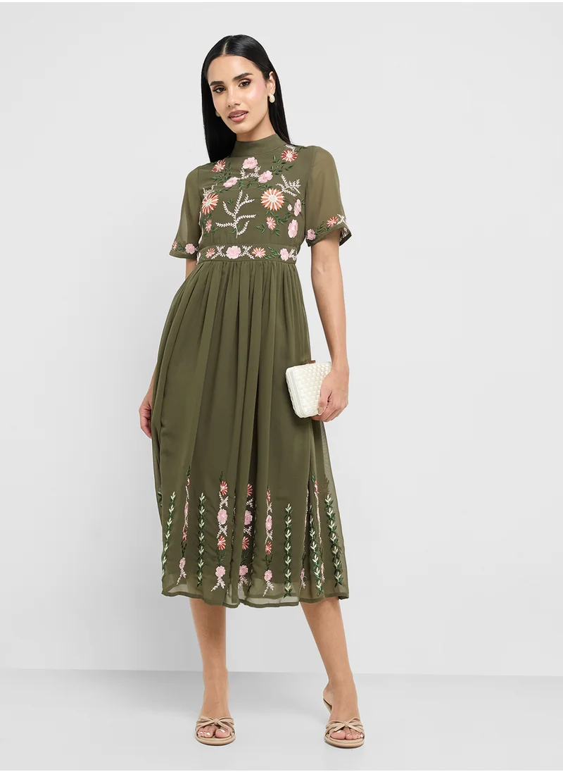Frock and Frill Embellished Short Sleeve Midi Dress