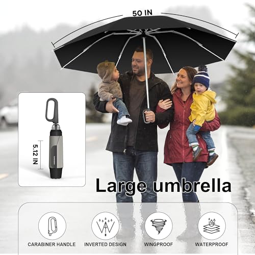 QWB TUMAAOTU Inverted Umbrella with Carabiner Handle, Compact Wind Proof Umbrellas For Rain and Sun Protection, Portable Reverse Folding Umbrella, Car Umbrella for Women Men, 10 Ribs (Black 50IN) - Image 3