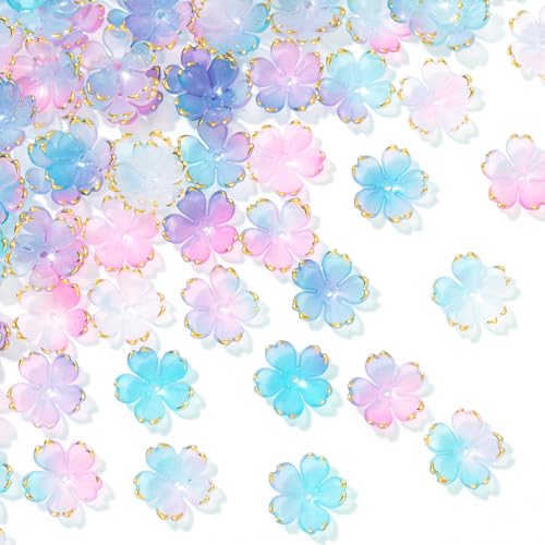CustomyLife 100pcs Cherry Blossom Beads, 5-Petal Gradient Acrylic Flower Beads, Mini Spacer Hair Accessories Halloween Christmas for Bracelets Earring Jewelry Making- Blue & Purple2 - Image 1