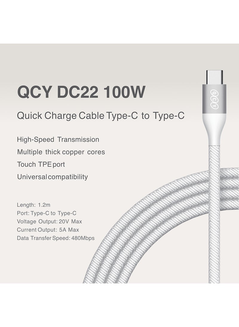 QCY Type-C to Type-C 100W Charging Cable 1m - White - DC22- – Fast Charging Cable with High-Speed Data Transfer, Precision Braided Design & Sturdy Metal Plug White - Image 2