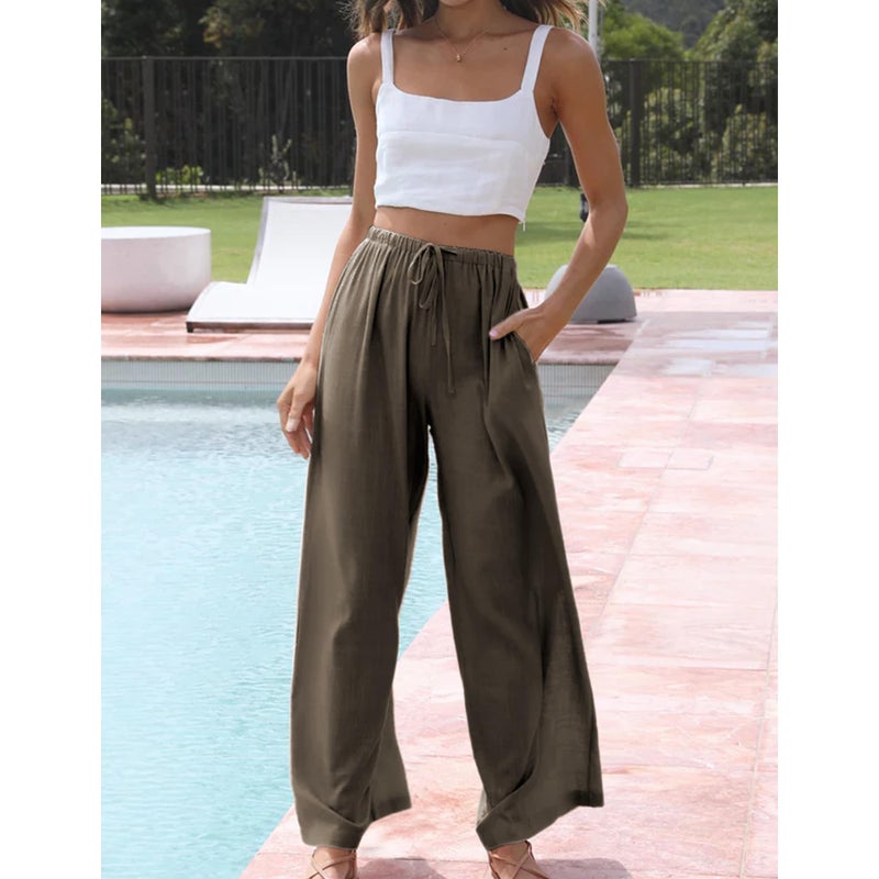 Duyang Womens Cotton Linen Palazzo Pants Drawstring Elastic Waist Casual Wide Leg Trousers with Pockets(Chestnut Brown,XL) - Image 3