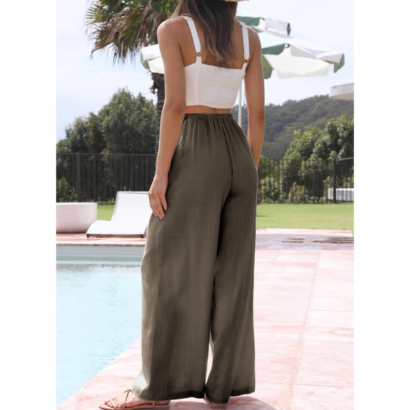 Duyang Womens Cotton Linen Palazzo Pants Drawstring Elastic Waist Casual Wide Leg Trousers with Pockets(Chestnut Brown,XL) - Image 2