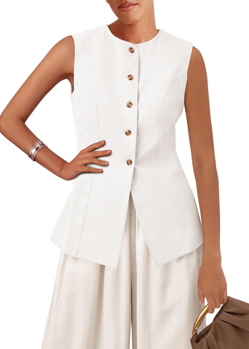 KIRUNDO Blazer Vest for Women Trendy 2025 Dressy Business Casual Summer Button Down Sleeveless Work Suit Waistcoat Tops(White, Medium) - Image 1