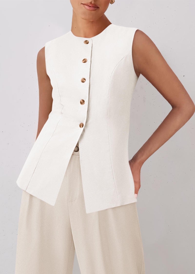 KIRUNDO Blazer Vest for Women Trendy 2025 Dressy Business Casual Summer Button Down Sleeveless Work Suit Waistcoat Tops(White, Medium) - Image 4