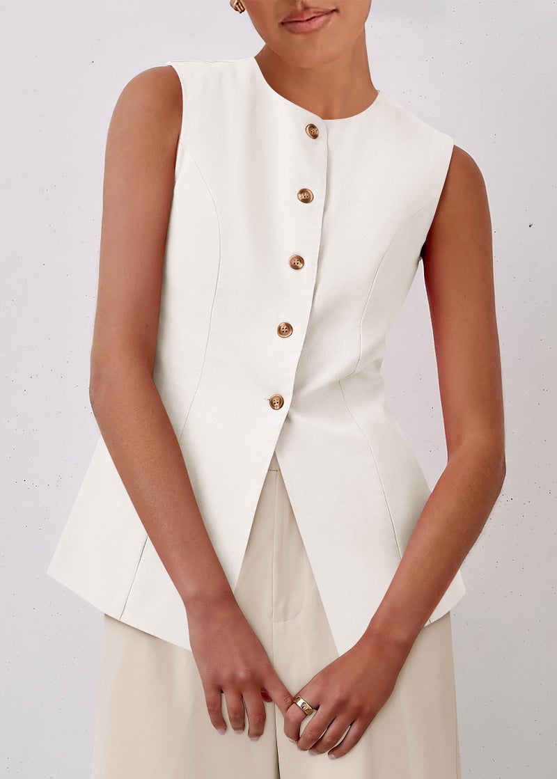 KIRUNDO Blazer Vest for Women Trendy 2025 Dressy Business Casual Summer Button Down Sleeveless Work Suit Waistcoat Tops(White, Medium) - Image 3