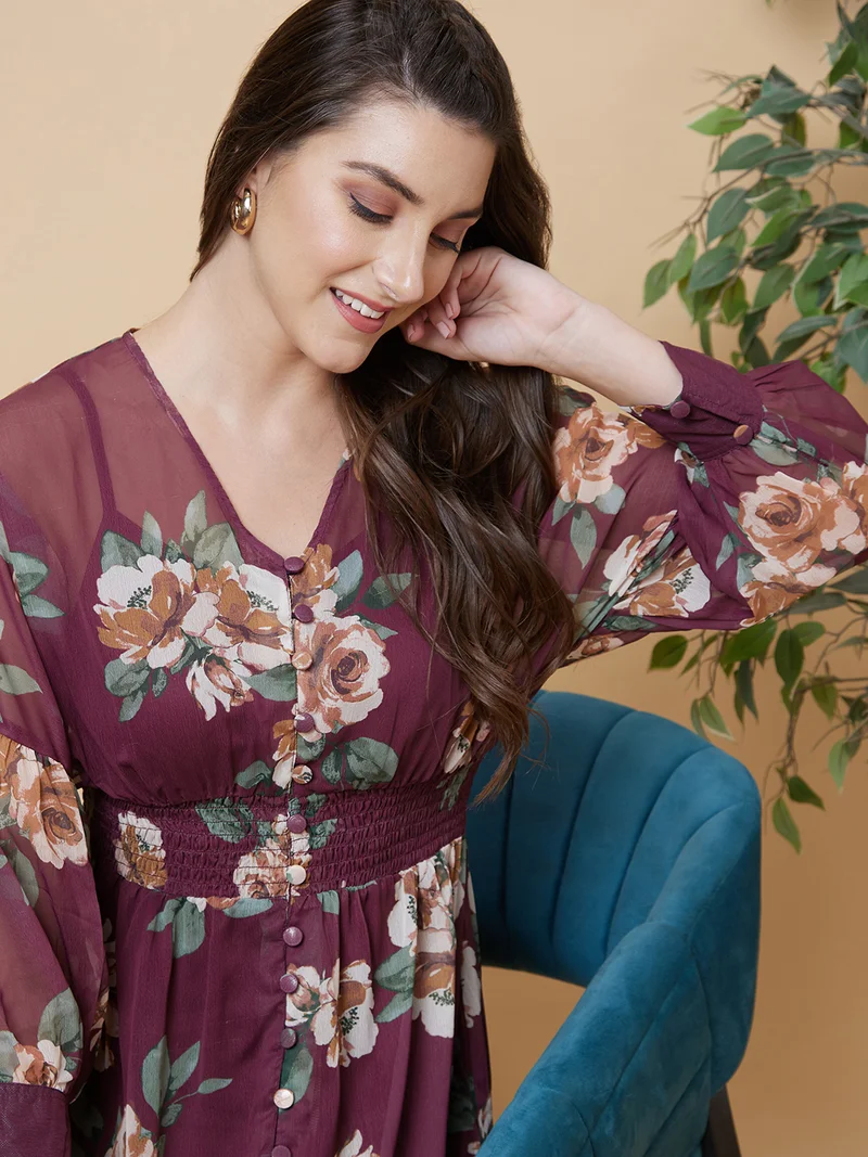 Women Brown & White Floral Printed Smocked Detailed Cuffed Sleeves Fit & Flare Dress