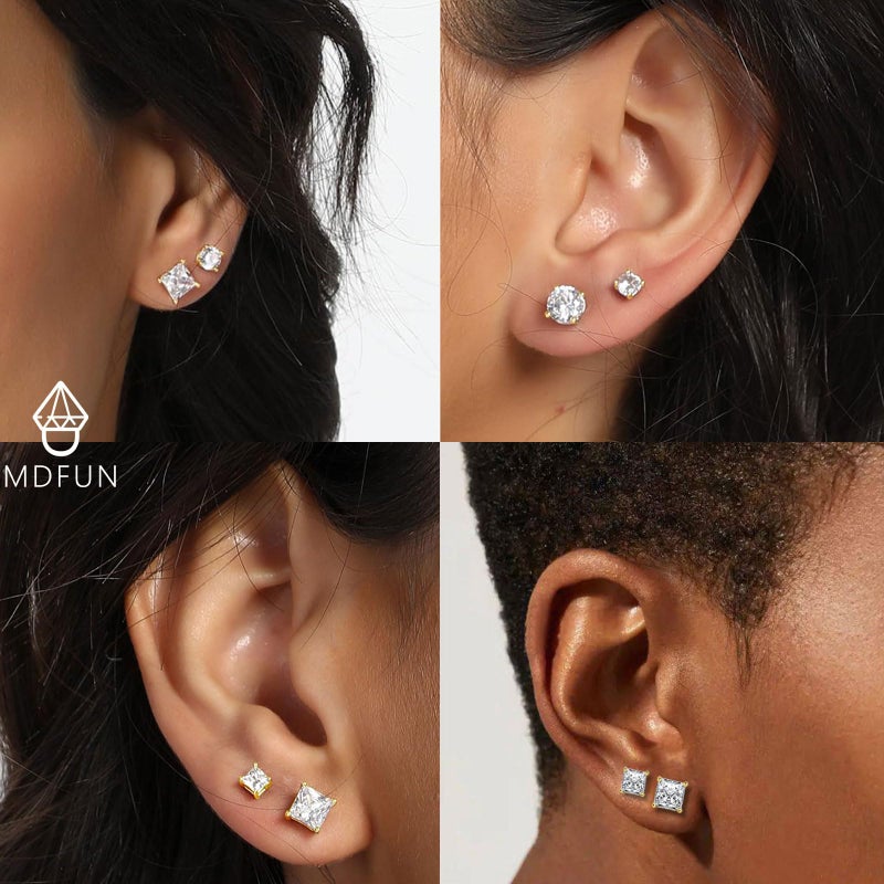 MDFUN 6 Pairs 925 Sterling Silver Post Stud Earrings Set 3mm/5mm/7mm Princess & Round 5A+ Cubic Zirconia Earring Hypoallergenic Ear Jewelry for Women Men (Yellow Gold Plated) - Image 2