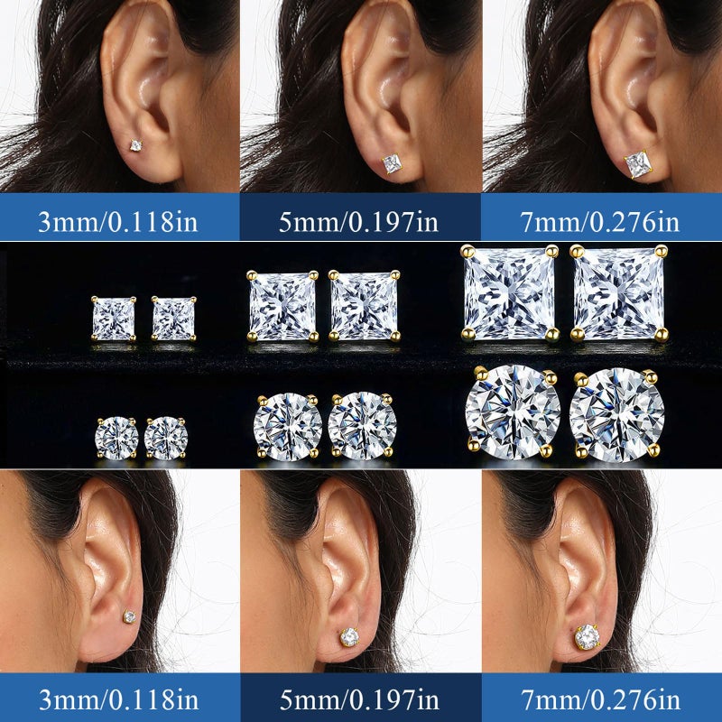 MDFUN 6 Pairs 925 Sterling Silver Post Stud Earrings Set 3mm/5mm/7mm Princess & Round 5A+ Cubic Zirconia Earring Hypoallergenic Ear Jewelry for Women Men (Yellow Gold Plated) - Image 5
