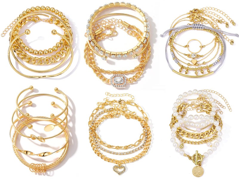 IFKM 6 Pack (27 Pcs) 14K Gold Plated Stackable Open Cuff Bangle Chain Bracelets Set for Women - Image 1