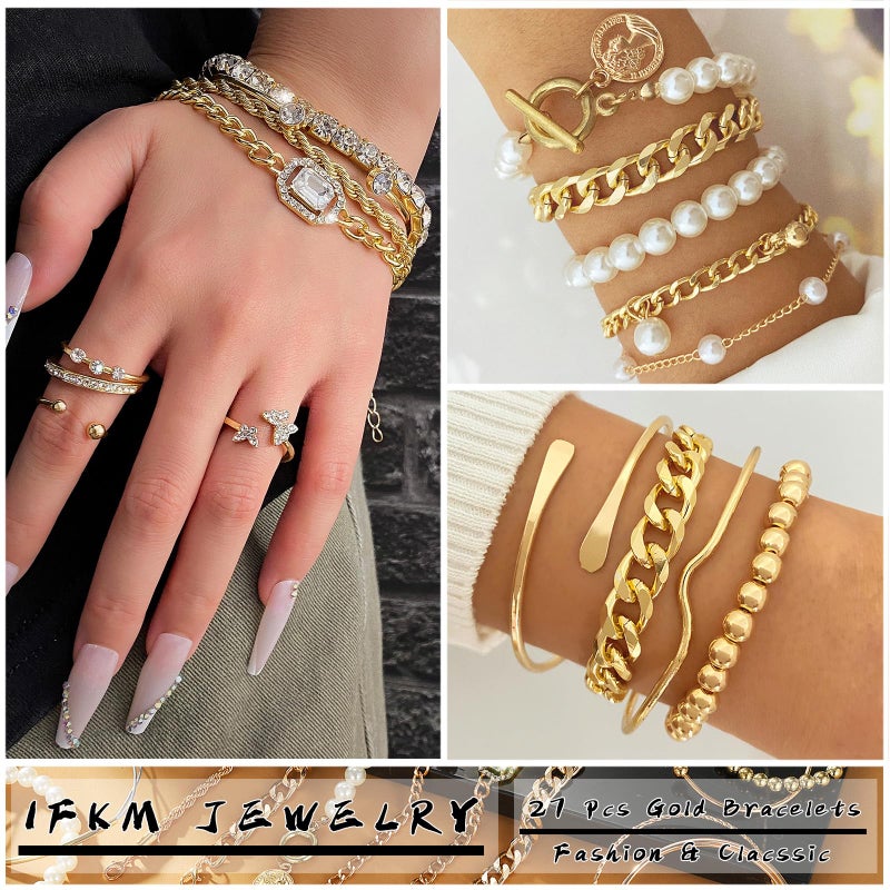 IFKM 6 Pack (27 Pcs) 14K Gold Plated Stackable Open Cuff Bangle Chain Bracelets Set for Women - Image 2