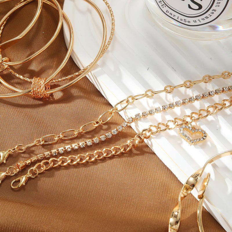 IFKM 6 Pack (27 Pcs) 14K Gold Plated Stackable Open Cuff Bangle Chain Bracelets Set for Women - Image 5