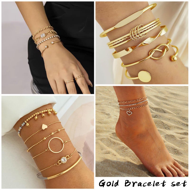 IFKM 6 Pack (27 Pcs) 14K Gold Plated Stackable Open Cuff Bangle Chain Bracelets Set for Women - Image 3