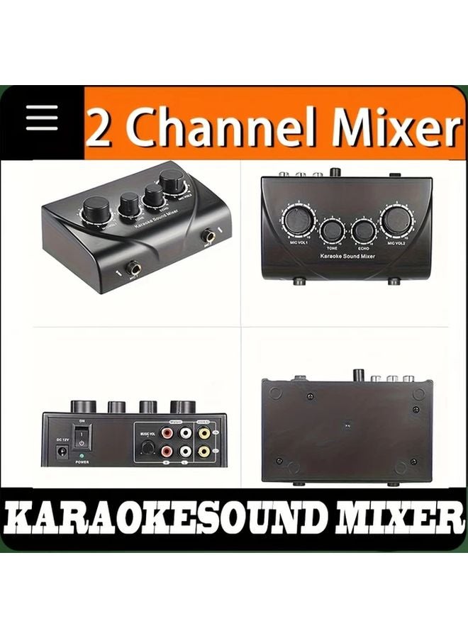 Karaoke Sound Mixer Dual Mic 2 Channel Powered Audio Mixer with Headphone Amplifier - Image 1