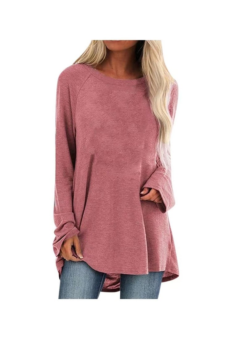 Loquat Solid Color Casual Medium Length Round Neck Long Sleeve Jumper T-shirt