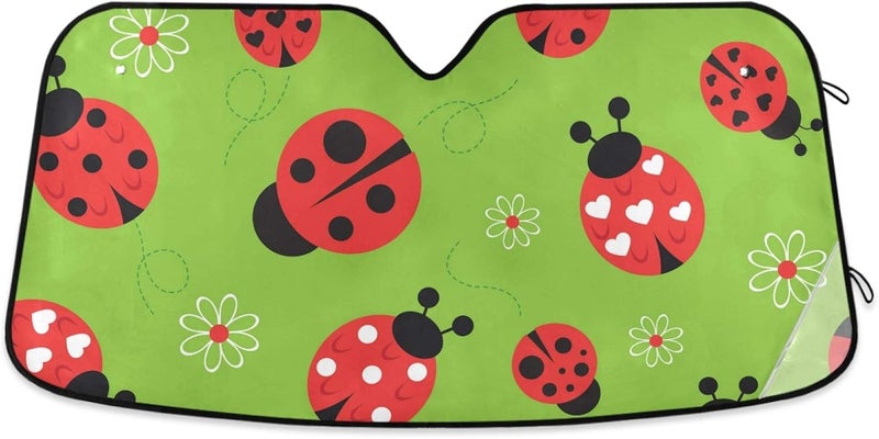 Oarencol Ladybugs Scarab Flower Green Car Windshield Sun Shade Foldable UV Ray Sun Visor Protector Sunshade to Keep Your Vehicle Cool (55" x 27.6") - Image 1