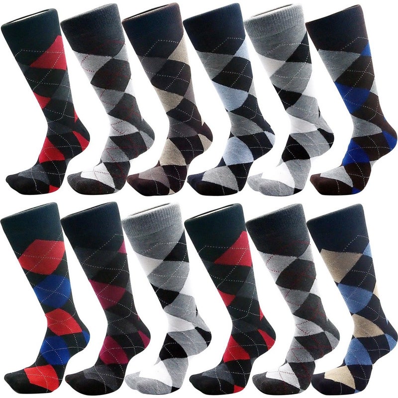USBingoshop Mens Cotton Argyle Striped Solid Ribbed Black Crew Dress Socks(10-13, Argyle Pack of 12) - Image 2