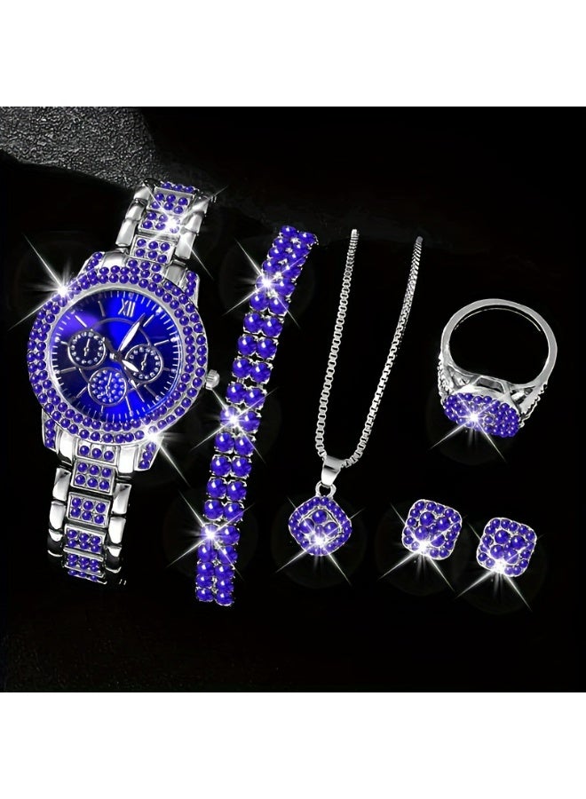 QUARTZ 5pcs Rhinestone Watch Set Shiny Quartz Crystal Wrist Watch Luxury Diamond Shining Bling Watches with Stainless Steel Bracelet Gift for Women Girls Birthday - Image 1