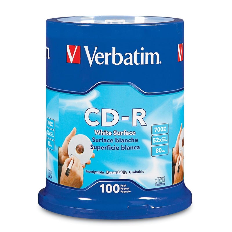 Verbatim CD-R Blank Discs 700MB 80 Minutes 52x Recordable Disc for Data and Music with Blank White Surface - 100 Pack Spindle - Image 1