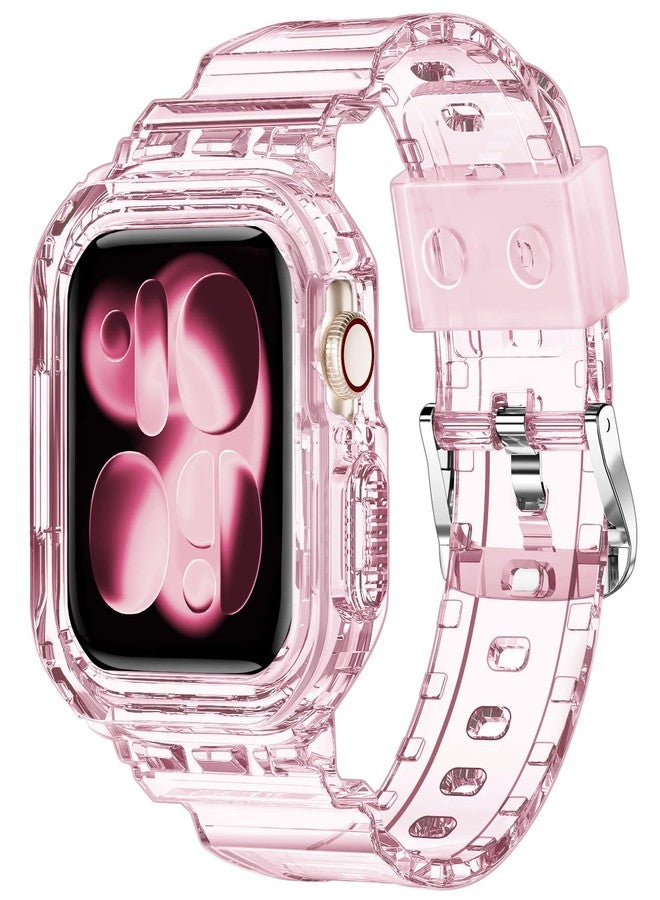 XYF Compatible for Crystal Clear Apple Watch Bands, 46mm Series 10 Bumper Case for Men Women Jelly Sport Cover Strap for iWatch Ultra 2/1 Series 10 9 8 7 SE 6 5 4 3 2 1 (ClearPink, 46) - Image 1